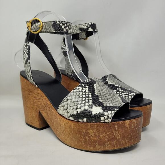 Tory Burch Sandals Womens 7.5 Snakeskin Print Camilla 100mm Platform Boho Chunky - Picture 1 of 12